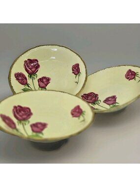 Royal Swan Vintage Anniversary Rose Soup Bowls Staffordshire 22KT Gold Rim Set 3